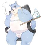  2023 anthro belly big_belly black_nose blue_body blush bodily_fluids bulge canid canine canis chair clothing domestic_dog eyewear furniture ginsingoo1 glasses humanoid_hands kemono male mammal overweight overweight_male shirt sitting smoking solo sweat topwear underwear 