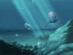  air_bubble black_eyes blue_theme bubble creature kid-ippo light_rays no_humans pokemon pokemon_(creature) rock solo submerged tentacles tentacool underwater 