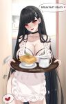 1girl amai-pai apron black_bra black_choker black_hair blue_archive blush bra breasts choker cleavage collarbone hair_between_eyes hair_ornament hairpin heart highres indoors kitchen large_breasts long_hair looking_at_viewer open_mouth red_eyes rio_(blue_archive) smile solo teeth underwear upper_teeth_only white_apron 