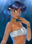  1girl bandeau bare_shoulders black_hair blue_gemstone blue_hair bob_cut bracelet breasts commentary dark-skinned_female dark_skin earrings fingers_to_mouth fushigi_no_umi_no_nadia gem gold_bracelet green_eyes green_hair hair_ornament hairclip highres hoop_earrings jewelry lips maruyama_musashi nadia_la_arwall neck_ring necklace pendant revision short_hair simple_background small_breasts solo strapless tube_top upper_body 