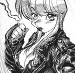  1girl adam_warren blush bra breasts bubblegum_crisis cigarette cleavage commission english_commentary from_side greyscale hair_behind_ear holding jacket leather leather_jacket looking_at_viewer medium_breasts monochrome paid_reward_available priscilla_asagiri raised_eyebrow sidelocks smoking solo thick_lips traditional_media underwear 