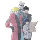  1girl 2boys black_hair blonde_hair coat cross emolior_(1000mean) fingerless_gloves gloves map meryl_stryfe multiple_boys nicholas_d._wolfwood prosthesis prosthetic_arm red_coat short_hair simple_background sunglasses trigun trigun_stampede vash_the_stampede white_background 