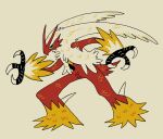  blaziken blue_eyes colored_sclera inkoinko7 multicolored_feathers no_humans pokemon pokemon_(creature) simple_background solo yellow_sclera 