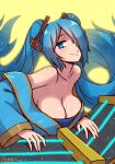  1girl akairiot bare_shoulders blue_eyes blue_hair breasts cleavage closed_mouth dress english_commentary floating_hair hair_over_one_eye highres instrument large_breasts league_of_legends long_hair off-shoulder_dress off_shoulder smile solo sona_(league_of_legends) twintails very_long_hair yellow_background 
