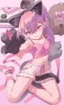  animal_ear_fluff animal_ears animal_hands arm_support between_legs breasts cat_paws earphones embarrassed fake_animal_ears fake_tail gloves highres merong_(sou47897) midriff midriff_peek navel on_floor paw_gloves paw_pose pink_eyes pink_hair pink_tank_top ribbon shorts sitting small_breasts tail tail_between_legs tank_top thighs 