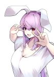  1girl :d absurdres animal_ears breasts cleavage commentary_request highres large_breasts long_hair looking_at_viewer open_mouth purple_hair rabbit_ears rabbit_girl red_eyes reisen_udongein_inaba sidelocks simple_background smile solo teeth touhou upper_body upper_teeth_only v w white_background yagoro_kusuriya 