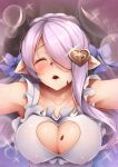  apron breasts chocolate cleavage_cutout closed_eyes clothing_cutout collarbone covered_nipples draph granblue_fantasy heart_cutout horns imminent_kiss kanopan large_breasts long_bangs naked_apron narmaya_(granblue_fantasy) parted_bangs pointy_ears pov sparkle valentine white_apron 