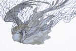  1girl 1other angel_wings barefoot blonde_hair closed_eyes colored_skin commentary_request feathered_wings fishing_net floating from_side full_body grey_skin grey_wings highres hug korean_commentary long_hair mime_404 original simple_background white_background wings 