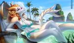  anthro beach bikini bikini_bottom bikini_top blue_bikini blue_clothing blue_eyes blue_swimwear breasts clothing dragon eyewear female glasses horn mayvara membrane_(anatomy) membranous_wings palm_tree plant seaside solo swimwear tail tree water white_body wings yasmil 