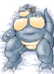  anthro anthrofied bed big_breasts blush breasts brown_eyes claws curvy_figure featureless_crotch female furniture generation_1_pokemon hi_res horn huge_breasts ketsuneko lying mature_female nidoqueen nintendo nude on_back on_bed open_mouth pokemon pokemon_(species) semi-anthro slightly_chubby stocky thick_thighs voluptuous wide_hips 