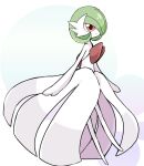  1girl arms_at_sides bare_shoulders blue_background bob_cut closed_mouth colored_skin commentary dress expressionless flat_chest from_side full_body gardevoir green_hair hair_over_one_eye jpeg_artifacts mega_gardevoir mega_pokemon one_eye_covered pokemon pokemon_(creature) red_eyes short_hair solo standing strapless strapless_dress suzu_(pixiv_32232702) white_dress white_skin 
