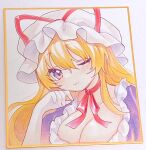  1girl ;) blonde_hair breasts cleavage commentary hat hat_ribbon highres large_breasts long_hair mob_cap moni_monico one_eye_closed red_ribbon ribbon sidelocks smile solo symbol-only_commentary touhou traditional_media upper_body white_headwear yakumo_yukari 