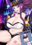  1girl absurdres akali baseball_cap belt black_gloves breasts cleavage commission cropped_jacket curvy fingerless_gloves gloves gold_trim hat highleg highleg_panties highres holding holding_phone holding_photo huge_breasts jacket k/da_(league_of_legends) league_of_legends midriff navel official_alternate_costume panties pants phone photo_(object) pixiv_commission plump ponytail purple_hair selfie shio05_(05_sio) short_shorts shorts solo underwear v 