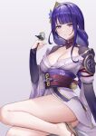  1girl absurdres bare_legs bird bird_on_hand blunt_bangs breasts bridal_gauntlets cleavage commentary_request genshin_impact highres japanese_clothes jin_mu_mulin kimono large_breasts long_hair looking_at_viewer obi off_shoulder purple_eyes purple_hair purple_kimono raiden_shogun red_sash sandals sash short_kimono sitting solo thighs very_long_hair 