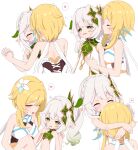  2girls absurdres age_difference azbchan1221 blonde_hair blush breasts closed_eyes dress flat_chest flower genshin_impact gradient_hair green_dress green_eyes green_hair hair_flower hair_ornament heart highres holding_hands implied_fingering interlocked_fingers leaf_hair_ornament licking licking_ear long_hair lumine_(genshin_impact) multicolored_hair multiple_girls multiple_views nahida_(genshin_impact) onee-loli open_mouth out-of-frame_censoring pointy_ears sidelocks simple_background sleeveless sleeveless_dress small_breasts speech_bubble spoken_heart sweat two-tone_dress wavy_mouth white_background white_dress white_flower white_hair yuri 