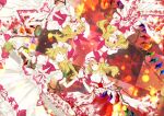 alternate_costume azuma_kazamori blonde_hair blood blood_on_clothes blood_on_hands bow bowtie checkered_background closed_mouth flandre_scarlet floral_print four_of_a_kind_(touhou) frilled_skirt frills hair_between_eyes hat highres medium_hair mob_cap multicolored_wings one_side_up open_mouth print_skirt puffy_short_sleeves puffy_sleeves red_bow red_bowtie red_eyes red_skirt red_vest rose_print shirt short_sleeves skirt skirt_set touhou upside-down vest white_headwear white_shirt white_skirt wings wrist_cuffs 