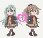  2girls aqua_hair blazer bow bowtie brown_hair brown_jacket brown_skirt brown_thighhighs cardigan dress full_body green_eyes heart heart_hands heart_hands_duo highres honma_(honmatomohiro) jacket kantai_collection kumano_(kancolle) kumano_kai_ni_(kancolle) long_hair multiple_girls orange_bow orange_bowtie pleated_dress pleated_skirt ponytail school_uniform simple_background skirt suzuya_(kancolle) suzuya_kai_ni_(kancolle) thighhighs tongue tongue_out white_background 