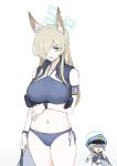  2girls absurdres animal_ear_fluff animal_ears arm_under_breasts armband bikini blonde_hair blue_archive blue_bikini blue_eyes breasts grey_hair hair_between_eyes hair_over_one_eye halo hat highres holding kanna_(blue_archive) large_breasts long_hair looking_at_viewer multiple_girls open_mouth side-tie_bikini_bottom simple_background swimsuit ushimochi valkyrie_police_academy_student white_background 