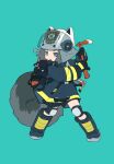  1girl aqua_background arknights axe black_footwear black_gloves black_jacket black_shorts blush boots chestnut_mouth fire_axe firefighter firefighter_jacket full_body gloves grey_eyes grey_hair harness helmet highres holding holding_axe jacket jianpan_xiafang_de_da_kongge knee_boots knee_pads legs_apart long_sleeves looking_to_the_side no_pupils open_mouth oxygen_tank shaw_(arknights) shorts simple_background solo squirrel_girl squirrel_tail standing swinging tail teeth upper_teeth_only v-shaped_eyebrows visor_(armor) visor_lift 