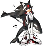  1boy animal_hood animal_nose closed_mouth expressionless full_body furry furry_male highres hood hood_up hoodie male_focus orca_hood pants red_eyes shadow_the_hedgehog shoes simple_background solo sonic_(series) standing stuffed_orca usa37107692 white_background white_pants 