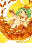  1girl :o a.i._voice artist_name blush cream cream_on_face food food_on_face fukomo full_body green_eyes green_hair gumi gumi_(a.i._voice) hairband headband highres holding holding_food looking_at_viewer motion_lines orange_footwear orange_headband pie pie_slice sailor_collar shoes short_hair socks solo vocaloid white_socks 