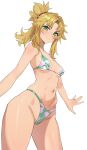  1girl absurdres bikini blonde_hair blush breasts fang fate/apocrypha fate_(series) green_bikini green_eyes hair_ornament hair_scrunchie highres kiritzugu long_hair looking_at_viewer mordred_(fate) mordred_(fate/apocrypha) navel red_scrunchie scrunchie shiny_skin simple_background skindentation small_breasts smile solo standing swimsuit white_background 