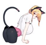  alternate_breast_size animal_ear_headphones animal_ears black_leggings blonde_hair blue_archive bow breasts cat_ears cat_tail cropped_legs fake_animal_ears hair_bow headphones highres huge_breasts leggings looking_at_viewer looking_to_the_side momoi_(blue_archive) pink_shorts shirt short_sleeves shorts sidelocks simple_background snorkel14 tail white_background white_shirt 