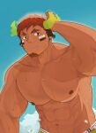  1boy abs absurdres animal_ears bara brown_hair closed_mouth cloud cow_boy cow_ears cow_horns day eye_black facial_hair fiery_horns forked_eyebrows glowing_horns goatee highres horns large_pectorals male_focus muscular muscular_male navel nipples outdoors pectorals short_hair sky smile solo t-ryu thick_eyebrows tokyo_afterschool_summoners topless_male upper_body wakan_tanka 