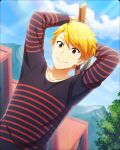  1boy axe blonde_hair blue_sky fingernails holding holding_axe idolmaster idolmaster_side-m idolmaster_side-m_growing_stars long_sleeves maita_rui male_focus official_art shirt sky smile striped striped_shirt 