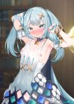  1girl arm_behind_head armpits bar_censor blue_hair blush bracelet breasts censored cum cumdrip dress faruzan_(genshin_impact) genshin_impact gmkj hair_ornament hairclip highres jewelry long_hair looking_at_viewer nipples open_mouth small_breasts solo twintails yellow_eyes 