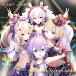  4girls :d absurdres animal_ears anniversary arm_up ayanami_(azur_lane) ayanami_(low-key_idol_@confused)_(azur_lane) azur_lane bare_shoulders black_choker black_headwear black_skirt blue_eyes blurry blurry_background bow choker closed_mouth commentary_request copyright_name depth_of_field double_v fake_animal_ears frilled_skirt frills glowstick green_eyes grey_hair hair_bow hairband headgear highres javelin_(azur_lane) javelin_(energetic_idol_@120_motivation!)_(azur_lane) laffey_(azur_lane) laffey_(bunny_idol_@unmotivated)_(azur_lane) light_brown_hair long_hair multiple_girls navel outstretched_arms parted_lips pink_bow plaid plaid_bow plaid_headwear plaid_skirt pleated_skirt purple_bow purple_hair purple_skirt rabbit_ears red_eyes red_hairband shirt skirt sleeveless sleeveless_shirt smile star_(symbol) tilted_headwear twintails v very_long_hair white_shirt z-wumi z23_(azur_lane) z23_(serious_idol_@acting_manager?!)_(azur_lane) 