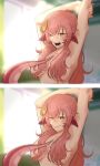  armpits arms_up blush collarbone commission commissioner_upload fingernails hair_between_eyes hair_censor hair_ornament hair_over_breasts highres indoors looking_at_viewer miia_(monster_musume) monster_musume_no_iru_nichijou mzmzzz1 non-web_source nose_blush one_eye_closed open_mouth pink_nails pointy_ears red_hair scales skeb_commission slit_pupils smile stretching tearing_up topless twitter_username yellow_eyes 