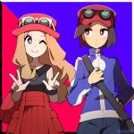  1boy 1girl artist_name bag black_hair blue_background blue_jacket calem_(pokemon) collarbone cowboy_shot double_w eyewear_on_headwear grey_eyes hand_on_own_hip highres jacket light_brown_hair looking_to_the_side luciacacti one_eye_closed pleated_skirt pokemon pokemon_(game) pokemon_xy red_background red_headwear serena_(pokemon) skirt smile split_mouth sunglasses two-tone_background w 