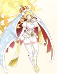  1girl blonde_hair boots cape dress drill_hair finger_to_mouth fur-trimmed_cape fur_trim highres knee_boots kogaku_kazuya looking_at_viewer magia_record:_mahou_shoujo_madoka_magica_gaiden magical_girl mahou_shoujo_madoka_magica short_dress solo soul_gem thighhighs tomoe_mami twin_drills white_footwear white_thighhighs yellow_eyes 