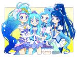  4girls :d blue_choker blue_eyes blue_hair blue_skirt blue_vest blush bow brooch butterfly_brooch butterfly_hair_ornament choker commentary_request cure_aqua cure_fontaine cure_marine cure_mermaid earrings gloves go!_princess_precure grin hair_ornament healin&#039;_good_precure heart heart_hair_ornament heartcatch_precure! high_ponytail holding_hands hoppetoonaka3 jewelry kaidou_minami kurumi_erika long_hair magical_girl midriff minazuki_karen multicolored_hair multiple_girls navel open_mouth ponytail precure puffy_sleeves sawaizumi_chiyu shell shell_earrings short_sleeves simple_background skirt smile streaked_hair two-tone_hair vest waving white_gloves wide_ponytail wrist_cuffs yes!_precure_5 