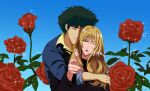  blonde_hair blunt_bangs couple cowboy_bebop flower green_hair highres hug julia_(cowboy_bebop) non-web_source rose spike_spiegel 