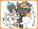  ^_^ animal_ear_fluff animal_focus animalization animification apex_legends blue_eyes border closed_eyes crafty_kitsune_rampart fang fox highres looking_at_viewer mask mask_on_head multicolored_eyes no_humans open_mouth orange_border orange_eyes rampart_(apex_legends) ryokutya_apex9 sly_fox_rampart smile speech_bubble spoken_squiggle squiggle translation_request white_background 