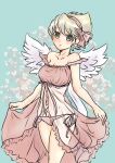 1girl angel_wings blonde_hair breasts breath_of_fire breath_of_fire_iii closed_mouth feathered_wings flower green_eyes hairband hamamuraacca looking_at_viewer nightgown nina_(breath_of_fire_iii) panties short_hair smile solo underwear white_wings wings 