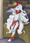  absurd_res alolan_form alolan_ninetales anthro areola biped blue_body blue_sclera breasts clothing costume detailed_background female genitals hi_res ineffective_clothing looking_at_viewer navel nintendo nipples pokemon pokemon_(species) pussy regional_form_(pokemon) sealer4258 smile solo white_eyes 