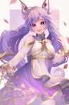  1girl :d alternate_costume apron bare_shoulders blue_eyes breasts cowboy_shot double_bun dress flower grey_hair gwen_(league_of_legends) hair_bun hair_ornament hand_up highres league_of_legends long_hair medium_breasts momoirone purple_background purple_dress red_flower smile solo teeth twintails upper_teeth_only white_apron white_background 