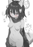  1girl animal_ear_fluff animal_ears arms_behind_back bar_censor blue_archive blush breasts censored cowboy_shot fox_ears fox_girl fox_tail greyscale hair_between_eyes hair_ornament halo highres izuna_(blue_archive) monochrome navel nipples nude pom_pom_(clothes) pom_pom_hair_ornament pussy pussy_peek sagging_breasts scarf shamonabe simple_background small_breasts solo stomach tail thighhighs white_background 