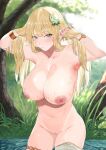  1girl agape_il armpits arms_behind_head arms_up bathing blonde_hair blush bracelet breasts collarbone elf flower grass green_eyes hair_flower hair_ornament highres jewelry large_breasts long_hair looking_at_viewer navel nipples nude original pointy_ears pussy ring single_thighhigh solo thighhighs thighlet thighs tree wading water wet white_thighhighs 