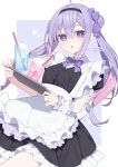  1girl ahoge apron black_dress black_hairband bow cup double_bun dress drinking_straw frills hair_between_eyes hair_bow hair_bun hairband highres holding holding_tray long_hair looking_at_viewer maid multicolored_hair original pink_hair puffy_short_sleeves puffy_sleeves purple_bow purple_eyes purple_hair short_sleeves solo tray twintails twitter_username white_apron wrist_cuffs yachishi_orca 