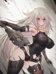  1girl a2_(nier:automata) bare_shoulders black_camisole black_gloves black_panties black_thighhighs blue_eyes blush breasts camisole elbow_gloves gloves goddess_of_victory:_nikke greatsword highres joints large_breasts long_hair looking_at_viewer mole mole_under_mouth nier:automata nier_(series) panties robot_joints solo sword thighhighs thighs underwear ura_illust weapon white_hair 