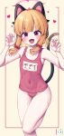  &gt;:) 1girl absurdres alternate_color_school_swimsuit alternate_costume animal_ear_headphones animal_ears bare_arms bare_legs bare_shoulders blonde_hair blue_archive blush cat_ear_headphones cat_tail claw_pose collarbone commentary covered_navel fake_animal_ears fake_tail flat_chest foot_out_of_frame halo headphones heart highres looking_at_viewer metaljelly momoi_(blue_archive) name_tag old_school_swimsuit one-piece_swimsuit open_mouth pink_one-piece_swimsuit red_eyes revision school_swimsuit short_hair simple_background smile solo sparkling_eyes standing standing_on_one_leg swimsuit symbol-only_commentary tail tareme thighs v-shaped_eyebrows wet yellow_background 