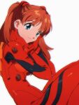  1girl 4zw89qkqagggcf7 :3 blue_eyes bodysuit breasts commentary highres interface_headset neon_genesis_evangelion orange_hair pilot_suit plugsuit red_bodysuit simple_background solo souryuu_asuka_langley white_background 