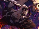  1girl absurdres ahoge armor armored_dress banner bare_shoulders black_dress breasts chain closed_mouth clothing_cutout commentary dress duplicate dutch_angle fate/grand_order fate_(series) flag from_above fur_trim gauntlets godoju hair_between_eyes headpiece highres holding holding_sword holding_weapon jeanne_d&#039;arc_alter_(avenger)_(fate) jeanne_d&#039;arc_alter_(avenger)_(third_ascension)_(fate) jeanne_d&#039;arc_alter_(fate) long_hair looking_at_viewer navel navel_cutout photoshop_(medium) pixel-perfect_duplicate shadow solo sparks sword weapon white_hair yellow_eyes 