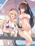  2girls beach_umbrella blonde_hair blue_eyes blush breasts brown_eyes brown_hair cherry_blossoms cleavage flower hair_between_eyes hair_ornament highres himeyamato holding implied_yuri iowa_(kancolle) kantai_collection large_breasts long_hair multiple_girls navel one_eye_closed open_mouth ponytail revision star-shaped_pupils star_(symbol) swimsuit symbol-shaped_pupils umbrella very_long_hair wading wet yamato_(kancolle) yamato_kai_ni_(kancolle) 