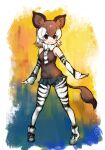  1girl animal_ears animal_print bow bowtie brown_eyes brown_hair closed_mouth elbow_gloves extra_ears gloves ise_(0425) kemono_friends looking_at_viewer multicolored_hair necktie okapi_(kemono_friends) okapi_ears okapi_tail pantyhose shirt shoes short_hair shorts simple_background sleeveless sleeveless_shirt solo tail two-tone_hair white_hair zebra_print 