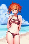  1girl alternate_costume arm_behind_back beach bikini black_bikini blue_sky breasts closed_mouth cloud collarbone command_spell cowboy_shot embarrassed fate/grand_order fate_(series) fujimaru_ritsuka_(female) hand_up highres light_blush looking_at_viewer medium_breasts medium_hair multi-strapped_bikini multi-strapped_bikini_bottom navel no_hair_ornament ocean orange_eyes orange_hair outdoors shiny_swimsuit side_ponytail sketch_background sky solo swimsuit uni_(nico02) 